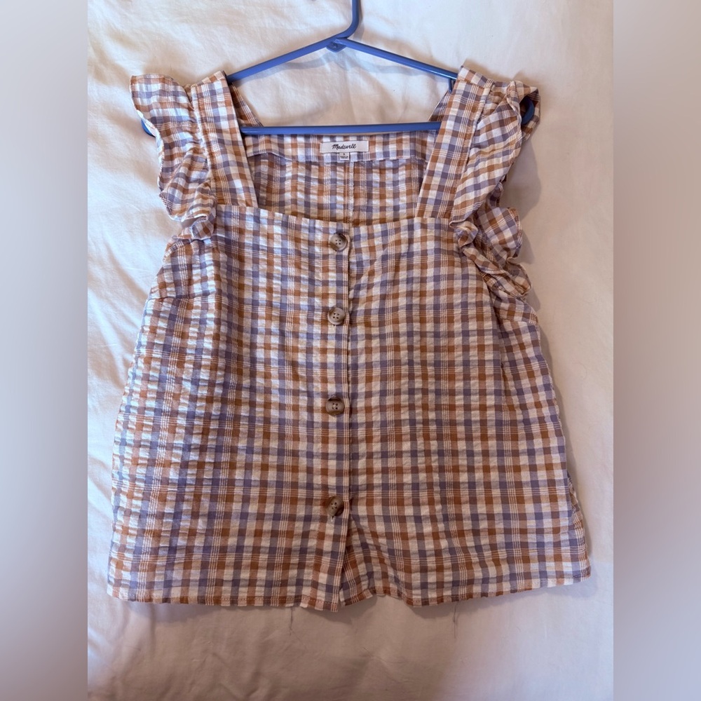 Madewell Gingham Button Front Top in Brown & Blue